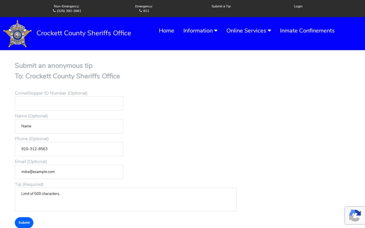 Crockett County warrant tip route, official sheriff anonymous tip form