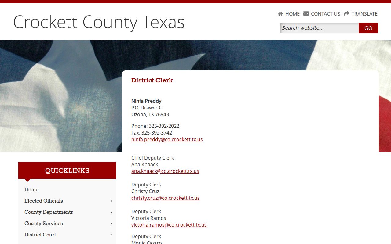 Crockett County arrest warrant service record contact, District Clerk page