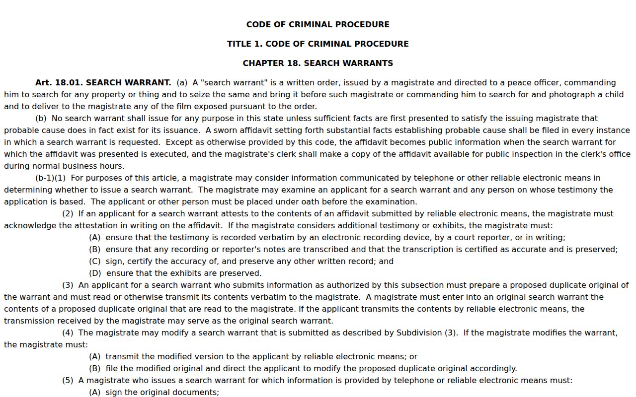 Crockett County warrant record access reference, Texas search warrant affidavit rules