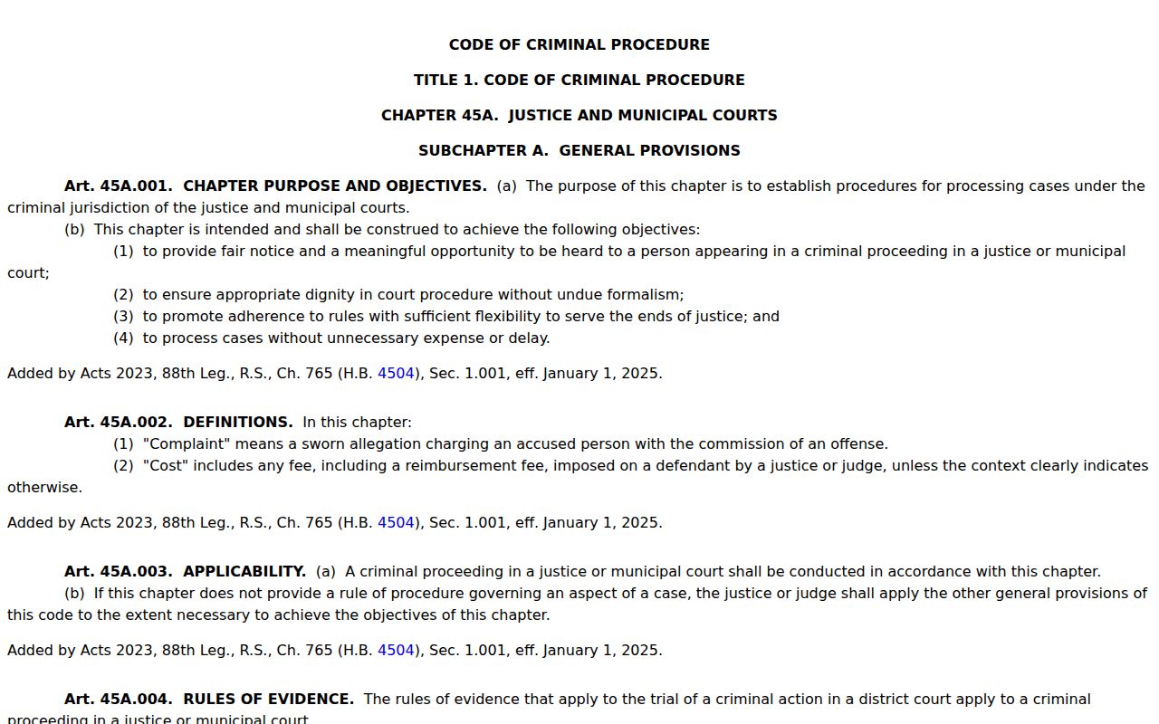 Crockett County traffic warrant procedure, Texas Justice Court Chapter 45A rules